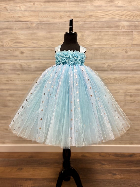Light Blue with Silver Polka Dot Tulle Princess Tutu Dress - Floral Bodice Birthday Outfit Light Blue with Silver Polka Dot Tulle Princess Tutu Dress - Floral Bodice Birthday Outfit