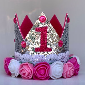 1st Birthday Crown, First Birthday Crown Girl, Birthday Party Hat, Birthday Crown Adult, Silver Crown, Flower Crown, Jewel Crown, Pink White