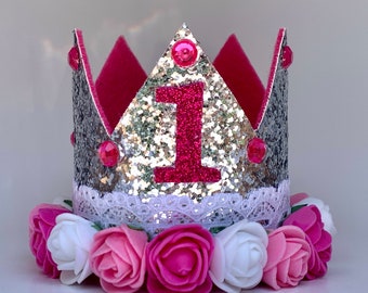 1st Birthday Crown, First Birthday Crown Girl, Birthday Party Hat, Birthday Crown Adult, Silver Crown, Flower Crown, Jewel Crown, Pink White