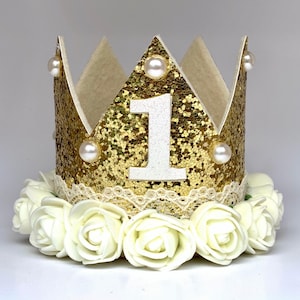 1st Birthday Crown, First Birthday Crown Girl, Birthday Party Hat, Birthday Crown Adult, Gold Crown, Flower Crown, Jewel Crown, Ivory Crown