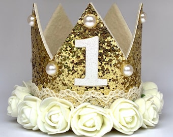 First Birthday Gold Glitter Crown - Ivory Flowers - Pearl Accents