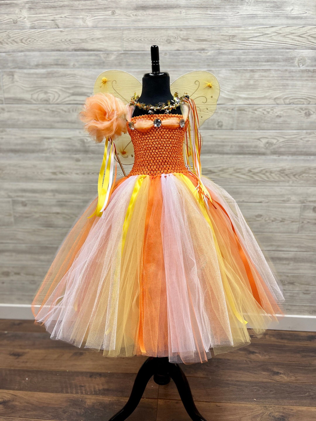 Candy Corn Orange Yellow White Fairy Princess Birthday Costume w/Crown Wand Fairy Wings - Full 3 Layer Tulle Tutu Skirt Candy Corn Orange Yellow White Fairy Princess Birthday Costume w/Crown Wand Fairy Wings - Full 3 Layer Tulle Tutu Skirt