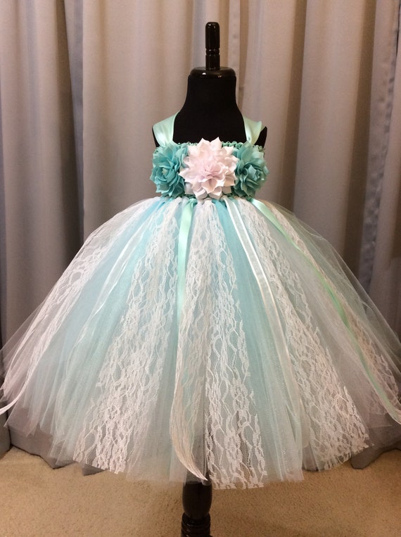 Aqua and White Lace Princess Tutu Dress - Floral Bodice - Full 3 Layer Skirt
