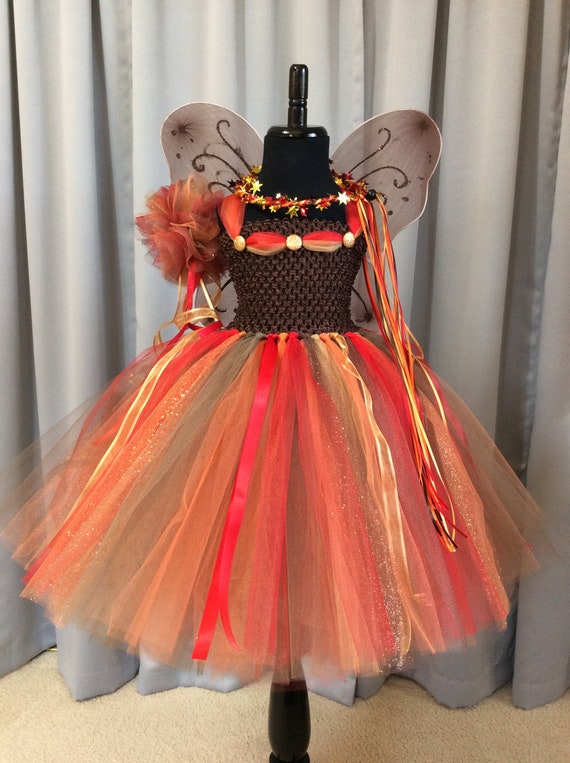 Brown Red Gold Fall Fairy Princess Birthday Costume W/crown Wand Fairy Wings - Full 3 Layer Tulle Tutu Skirt