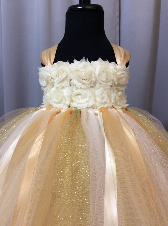 Ivory and Gold Princess Tutu Dress - Shabby Flower Bodice Ivory and Gold Princess Tutu Dress - Shabby Flower Bodice