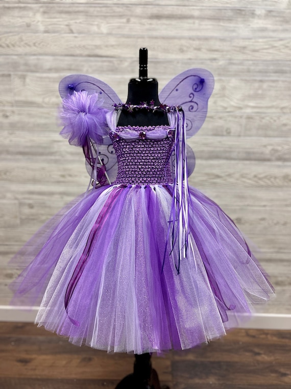 Purple Lavender White Fairy Princess Birthday Costume w/Crown Wand Fairy Wings - Full 3 Layer Tulle Tutu Skirt Purple Lavender White Fairy Princess Birthday Costume w/Crown Wand Fairy Wings - Full 3 Layer Tulle Tutu Skirt