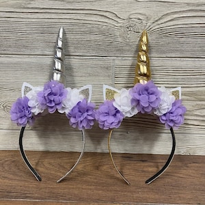 Unicorn Horn Headband - Lavender & White flowers - Silver or Gold Horn - Unicorn Birthday - Unicorn Photo shoot - Unicorn Dress Up - Cosplay