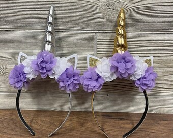 Unicorn Horn Headband - Lavender & White flowers - Silver or Gold Horn - Unicorn Birthday - Unicorn Photo shoot - Unicorn Dress Up - Cosplay