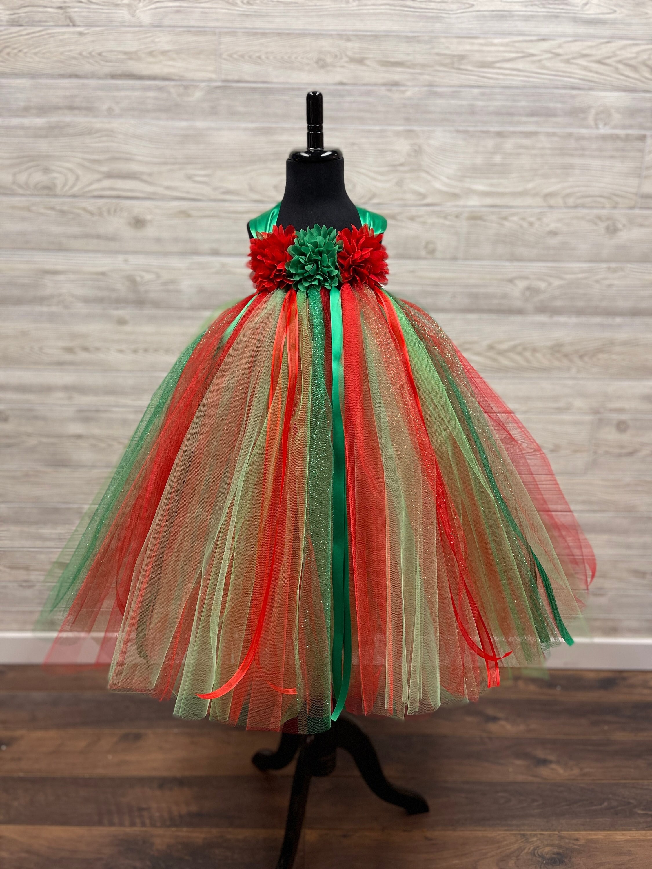 Red & Green Christmas Princess Tutu Dress - Floral Bodice - Full 3 Layer Skirt