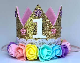 First Birthday Gold Glitter Crown - Rainbow Flowers - Jewel Accents