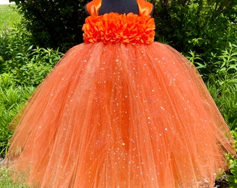 Oranje prinses tutu-jurk - tule met sprankelende stippen - bloemenlijfje - volledige rok van 3 lagen