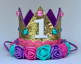 First Birthday Gold Glitter Crown - Pink Purple Turquoise Flowers - Pearl Accents