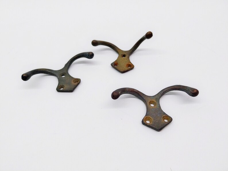 Vintage Brass Hooks, 3 Brass Hanger Hooks, Set of 3 Double Hooks, Brass