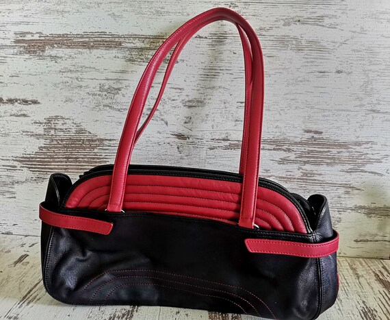 Vtg Rockabilly Faux Leather Bag, Black Red Stylis… - image 4