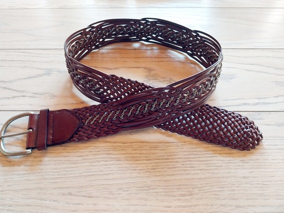 Vintage Braided Belt, Brown Leather with Silver C… - image 7