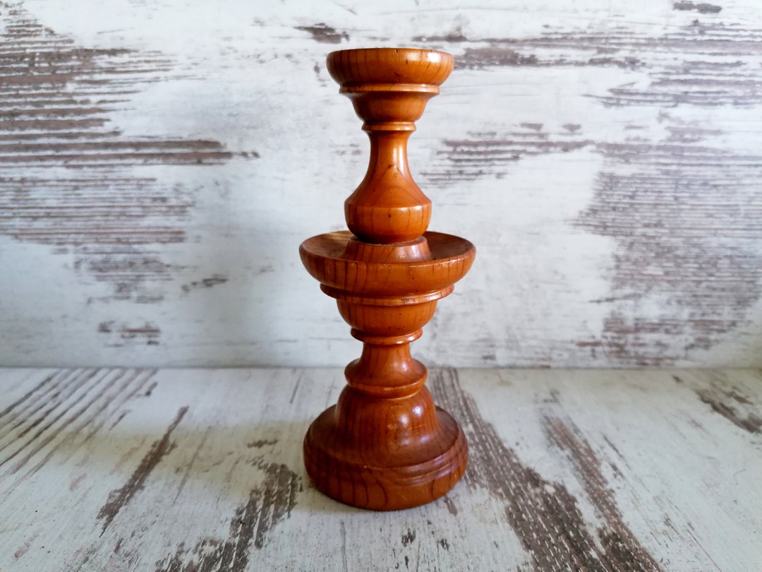 Mid Century Handmade Candlestick Wooden Dark Brown Candle Etsy