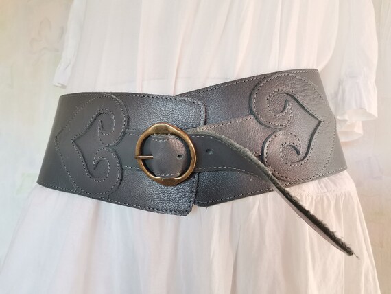 Retro Women's Dress Waist Belt, Genuine Gray Leath