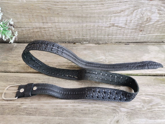 Vtg Rockabilly Leather Belt, Hand Tooled and Brai… - image 1