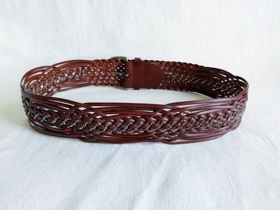 Vintage Braided Belt, Brown Leather with Silver C… - image 3