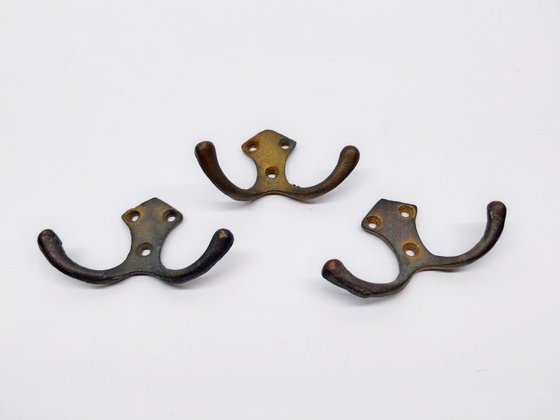 Vintage Brass Hooks, 3 Brass Hanger Hooks, Set of 3 Double Hooks, Brass