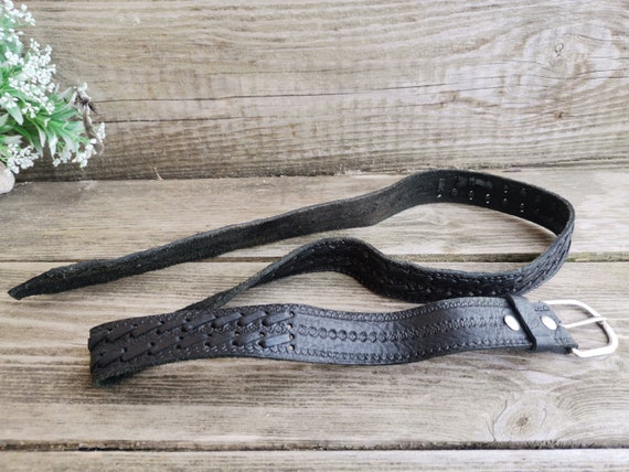 Vtg Rockabilly Leather Belt, Hand Tooled and Brai… - image 2