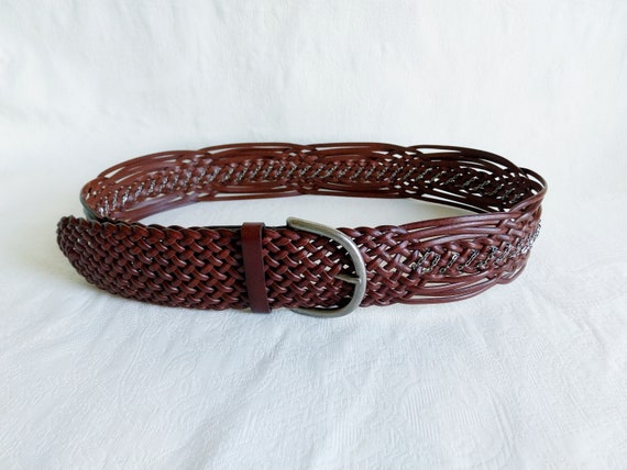 Vintage Braided Belt, Brown Leather with Silver C… - image 2
