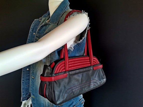 Vtg Rockabilly Faux Leather Bag, Black Red Stylis… - image 1