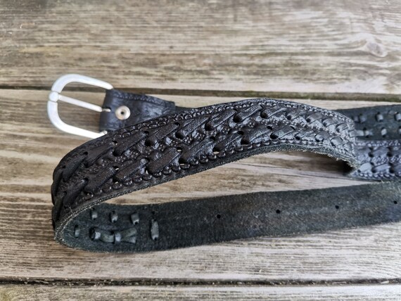 Vtg Rockabilly Leather Belt, Hand Tooled and Brai… - image 3