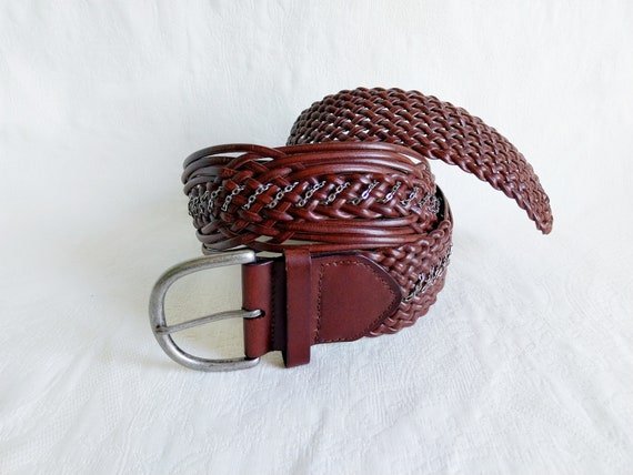 Vintage Braided Belt, Brown Leather with Silver C… - image 4