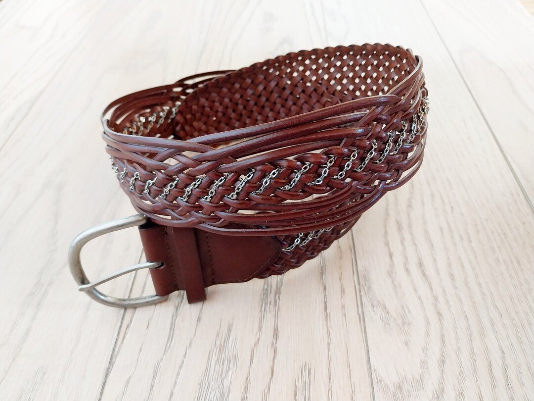 Vintage Braided Belt, Brown Leather With Silver Chain Braided Belt