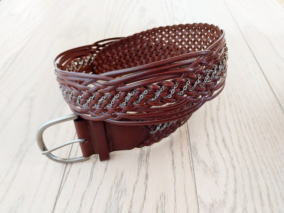 Vintage Braided Belt, Brown Leather with Silver C… - image 1