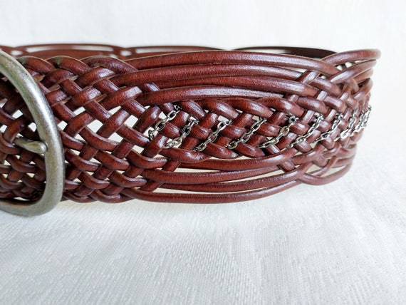 Vintage Braided Belt, Brown Leather with Silver C… - image 5