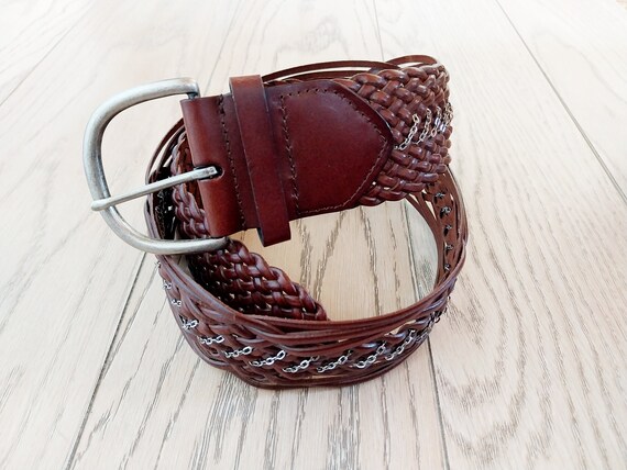 Vintage Braided Belt, Brown Leather with Silver C… - image 6