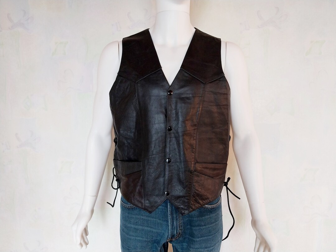 Leatherick Black Side Laced SOA Leather Trim Denim Biker Waistcoat Vest With Deep Pockets 4xl Black