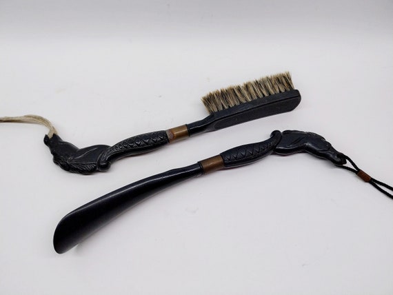 Vintage Shoehorn and Clothes Brush With Horse Hea… - image 1