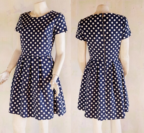 Vintage Polka Dot Dress, Blue & White Polka Dot D… - image 1