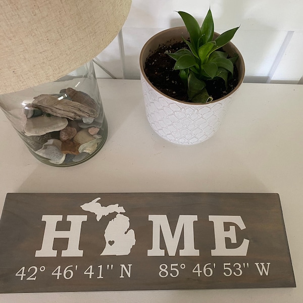 Wooden HOME Coordinates Sign-- Fully Customized with YOUR State, Colors, and GPS Coordinates | Made in Michigan | Hand-Painted on Solid Wood