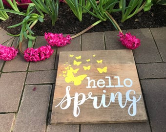 Hello Spring Sign | Handpainted Wooden Sign | Fully Customizable with Your Color Choices | Spring Home Decor | Art with Butterflies