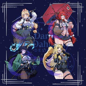 Puede incluir: Impresión cuadrada con cuatro personajes de estilo anime con rasgos de animales, sobre un fondo azul oscuro con líneas geométricas blancas. Cada personaje está en una pose dinámica, sosteniendo armas o accesorios. La impresión incluye el texto "Dar Dahlia Designs".