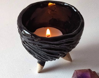 Small ceramic smudge bowl, black copal burner, three-legged ceremonial bowl,for rituals, offering chalice, handmade candleholder, OOAK