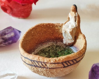 Made-to-order goddess bowl, ceramic candleholder, offering bowl, unique piece, sacred object, alter decor, clay and sea glass,