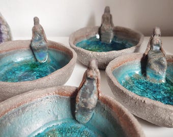 Goddess bowl, ceramic turquoise candleholder, water offering altar decor, special gift for a spiritual person