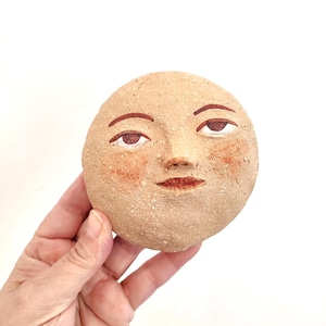 Ceramic moon with cute face, wall decoration, gift for friend, lunar wall pendant, shelf decor, ready to hang, original art