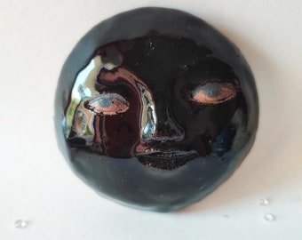 Black moon with a cute face, new moon wall decor, handcrafted ceramics,  clay moon, lunar wall pendant, witchy gift, one of a kind,
