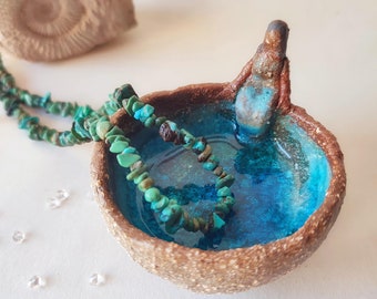 Cuenco con diosa del mar, posavelas de cerámica rústica hecho a mano, bol, cuenco para ofrendas, cuenco para altar, pieza única