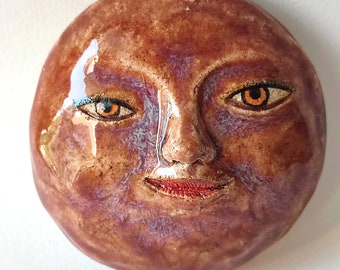 Moon face, wall art, handmade ceramics, unique piece, wall decor, stoneware clay moon, brown lunar wall pendant, gift for him, gift for her