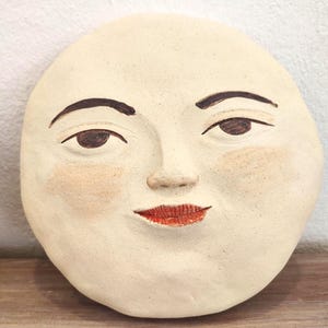 Handmade Stoneware Clay Moon Face: Lunar Wall Decor, Big size