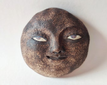 Moon face, wall decor, gift for friend, lunar wall pendant, full moon face, rustic ceramics, original art, one-of-a-kind