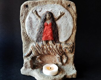 Altar with Goddess and tiger, ceramic candleholder, handmade altar piece, shrine, divine feminine, Maha Durga