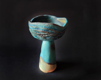 Ceramic smudge bowl, dark turquoise chalice, to burn sage, copal resin, incense, heat resistant altar decor, handcrafted with stoneware clay